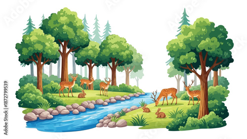 A peaceful forest scene with deer drinking from a clear flowing stream
