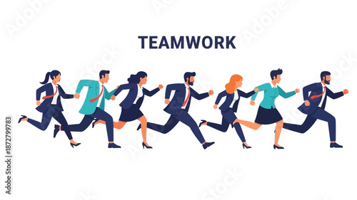A diverse group of business professionals running together symbolizing teamwork