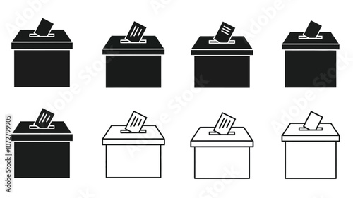 Black and white illustration of voting boxes with ballots inside