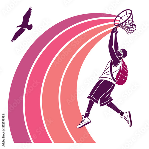 Professional basketball player dunking ball in vibrant pink gradient arc