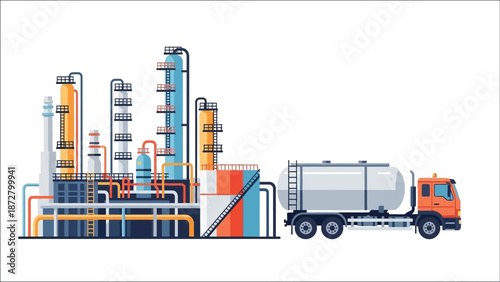 Industrial complex with refinery towers and a fuel transport truck illustration