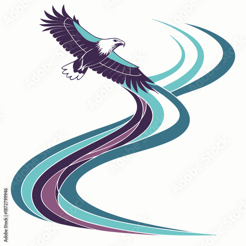 Eagle soaring with colorful flowing ribbons in motion