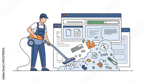 Digital Data Cleaning and System Optimization. Man Vacuuming Errors and Clutter from Website Browser Interface.