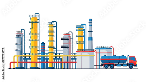 Industrial complex with refinery towers pipelines and a fuel transport truck