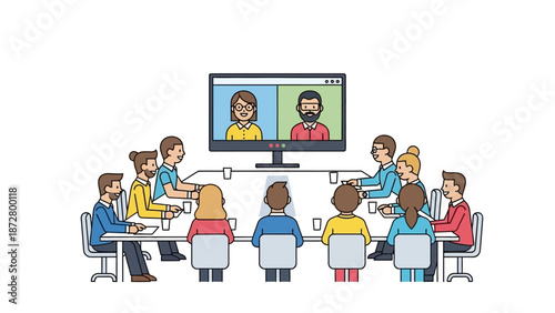 Team Hybrid Video Conference Meeting in Office Boardroom. Virtual Collaboration and Remote Work Integration Concept Line Illustration.
