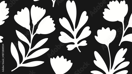 Black and white floral pattern with stylized flowers and leaves.