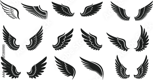 A comprehensive set of black wing icons and logos in different styles, perfect for brand identity and graphic design projects.