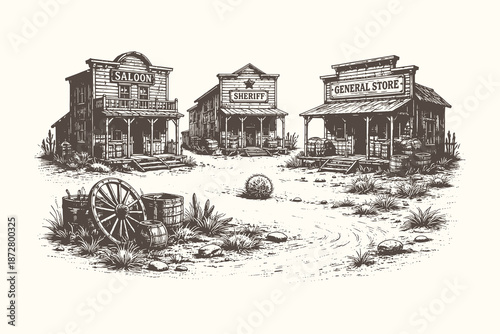Vintage western town street vector illustration with old saloon and wooden buildings in detailed engraving style for poster, print and retro design