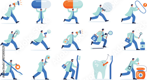 Set of flat vector illustrations featuring tiny doctors and dentists running while carrying giant pills toothbrushes dental floss and medical equipment.