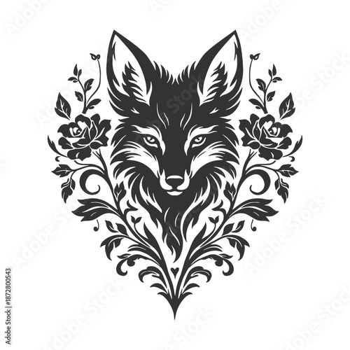 Fox head floral emblem illustration in refined vintage engraving style, ideal for logo design, tattoo art, branding, and decorative nature graphics