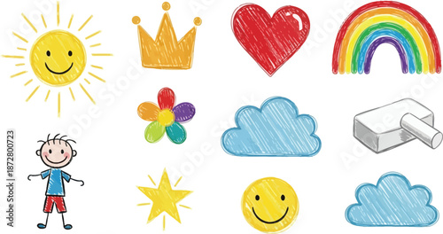 A vibrant collection of tropical fruits, leaves, and summer elements, including papaya, coconut, dragon fruit, and rainbows. This colorful and modern vector set is perfect