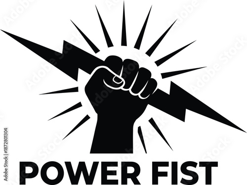 A black and white graphic icon depicting a powerful fist gripping a lightning bolt with radiating energy
