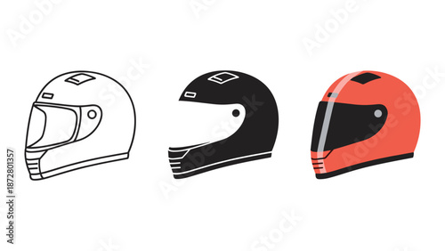 Three different colored motorcycle helmets are shown side by side