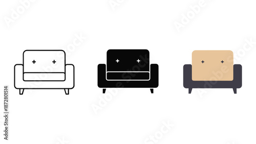 Set of three sofa icons in different styles