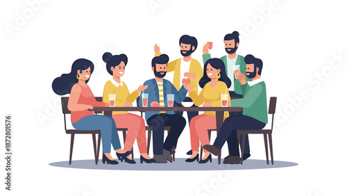 Happy friends gathered around a table, enjoying drinks and conversation in a lively social setting, celebrating camaraderie and shared moments together