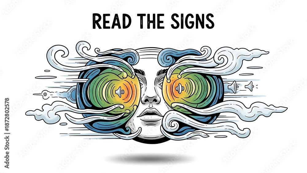 Fototapeta premium Vibrant illustration of face with swirling sound waves and rainbow eyes