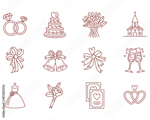 Wedding featuring rings cake bouquet church bows bells champagne dress boutonniere invitations and hearts