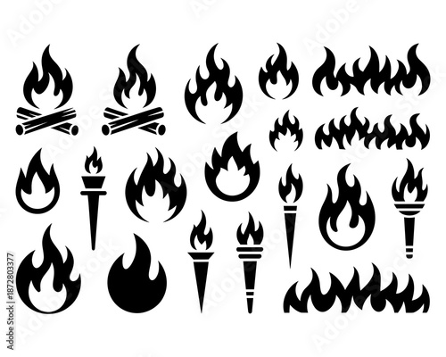 Collection of black silhouette fire and torch on white background flame bonfire