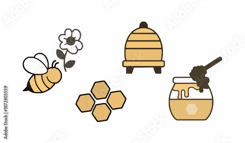 Modern beekeeping outline icons with rounded bee hive honeycomb and honey jar vector set