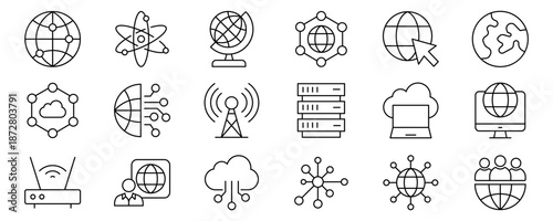 Network Web Icon Set in Line Style. Collection of Information Technology Linear Icons, Including connection, communication, technology, internet, IT, router, signal, wireless and more. Editable Stroke