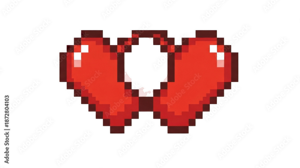 Fototapeta premium Two pixelated red hearts connected, resembling a retro video game graphic or linked symbol of love and affection.