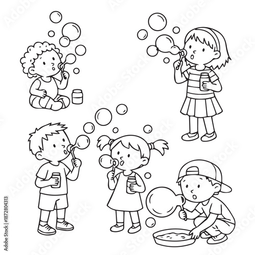 Children Blowing Bubbles Playfully - Vector Illustration