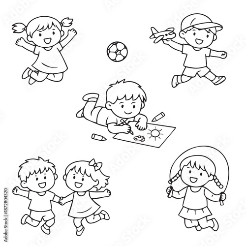 Vector illustration of cheerful kids engaging in various activities.  Ideal for educational and playful themes.