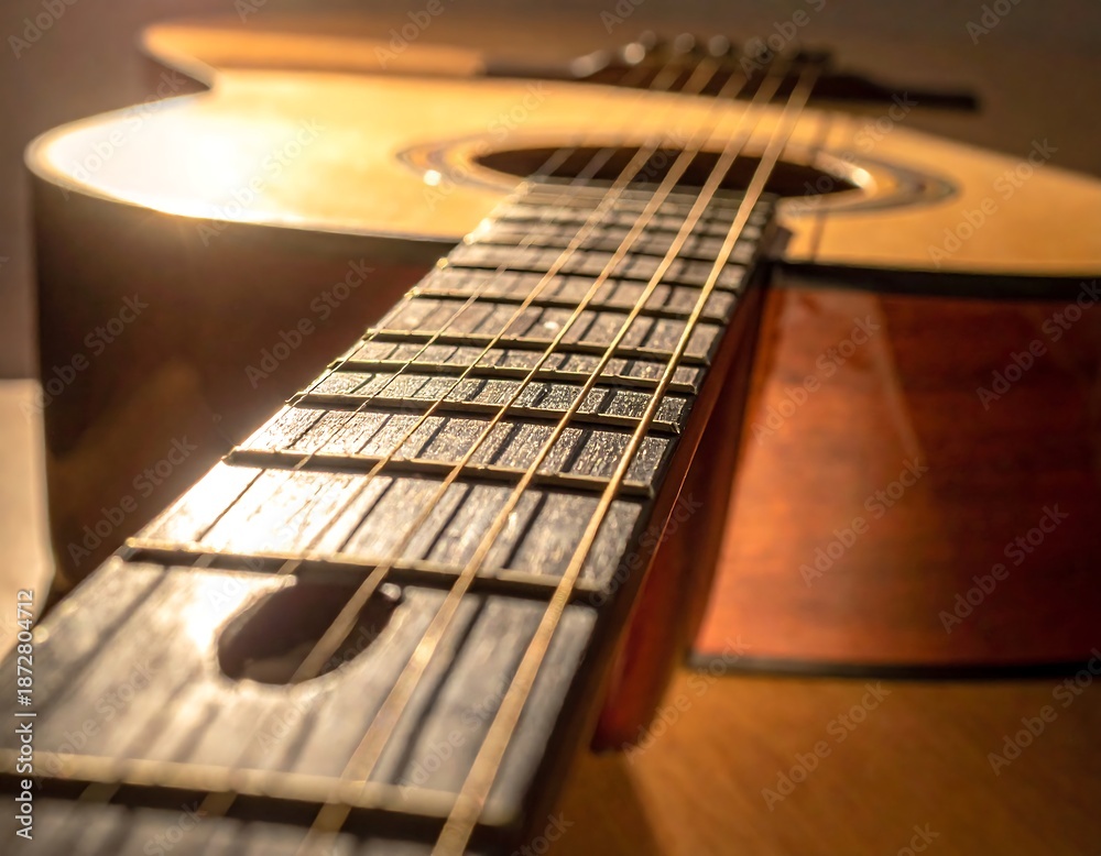 Fototapeta premium Close-up perspective of an acoustic instrument, showing strings, frets, sound hole, and wooden body illuminated by soft light