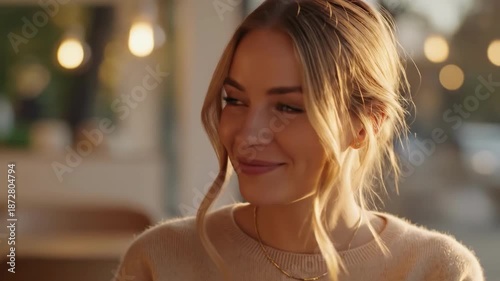 Woman with blonde hair and gold necklace in soft indoor lighting