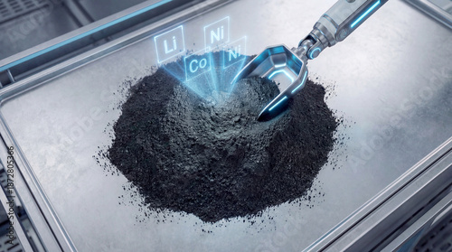 EV battery recycling concept: Robotic arm analyzing black mass with hologram symbols, copy space. (Li, Co, Ni)