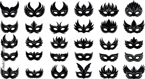Masquerade carnival mask silhouettes set with decorative feathered designs, elegant ornate party masks and costume accessories