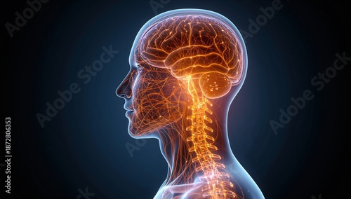 Medical visualization of nervous system showing neural pathways and anatomy detail
