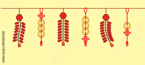 CHINESE ICON FIRECRAKER AND LUCKY COIN ON GOLD BACKGROUND