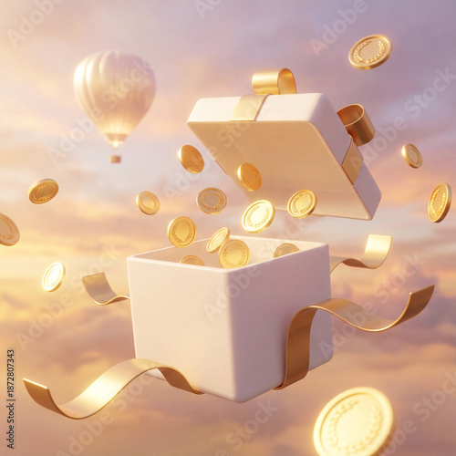 Open white gift box with gold coins flying out against sunset sky background with hot air balloon for financial rewards