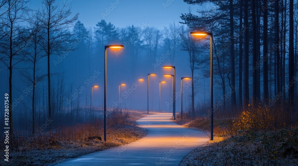 Fototapeta premium Led streetlights illuminate a path, symbolizing energy-efficient and eco-friendly lighting solutions