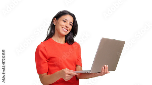 Woman smiling holding laptop working on transparent background