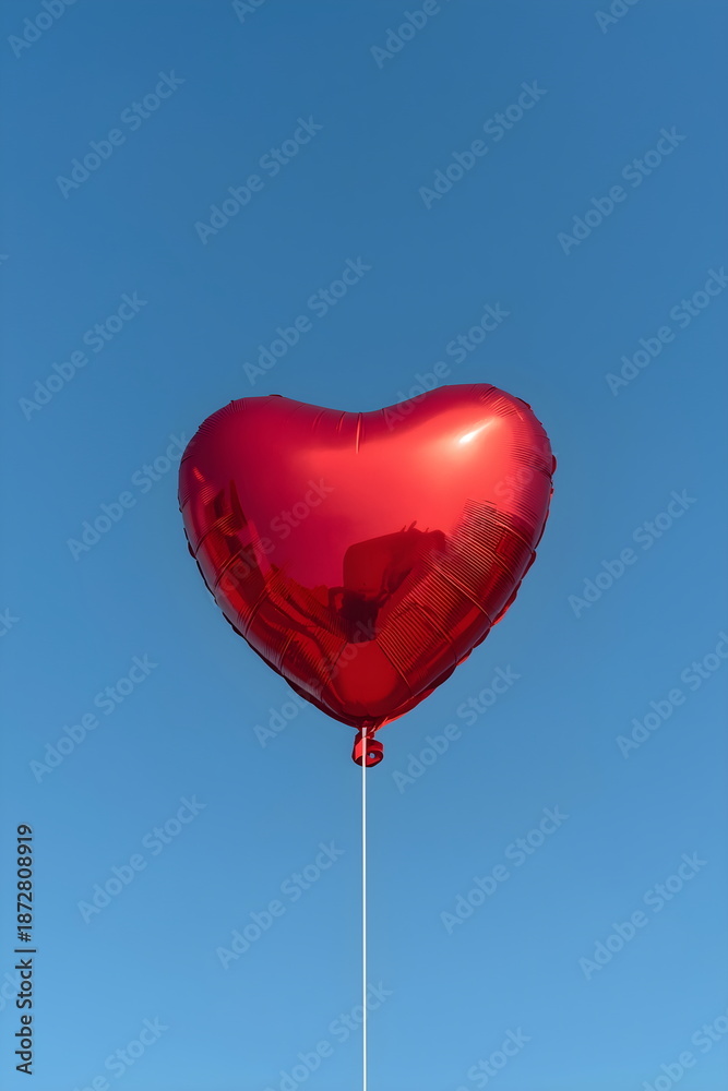 Fototapeta premium Single red heart shaped foil balloon floating against clear blue sky