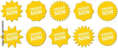 Order Now promotional badge set with starburst shapes. Bright call to action labels for ecommerce marketing design. Ideal for web banners, ads, and sales graphics.
