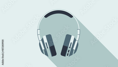 Minimal flat illustration of headphones with long shadow on light background.