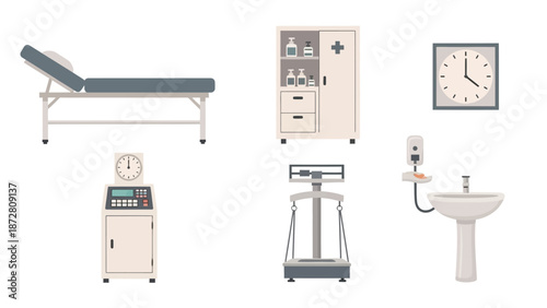 Medical examination room with bed, cabinets, scales, sink and wall clock showing clinical interior furnishings.