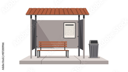 Quiet urban bus shelter with bench, roofed seating, and a trash bin on a concrete platform.