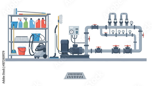 Industrial laboratory setup featuring shelves, bottles, and a complex piping system.
