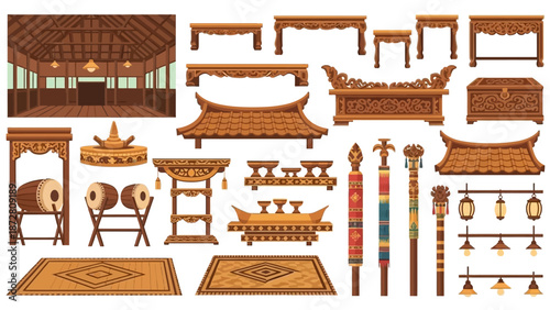 Collection of carved wooden furniture silhouettes and architectural accents in a rustic theme.