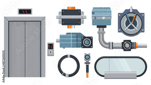 Industrial elevator components and machinery parts assembly with cables and control panels.
