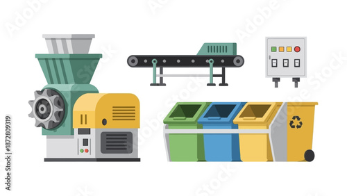 Industrial factory machinery with conveyor system and colorful recycling bins illustrating production and waste sorting.