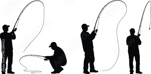 Set of fisherman silhouettes with fishing rods in different poses, angling activity, outdoor recreation, hobby, and sport for nature designs.