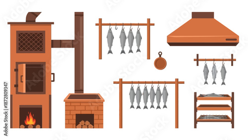 Rustic kitchen with wood stove, fireplace, and drying meat and fish around racks.