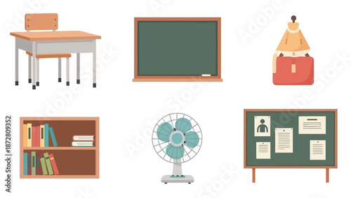 Collection of educational classroom icons including desk, chalkboard, bookshelf and bulletin board in a tidy study setting.
