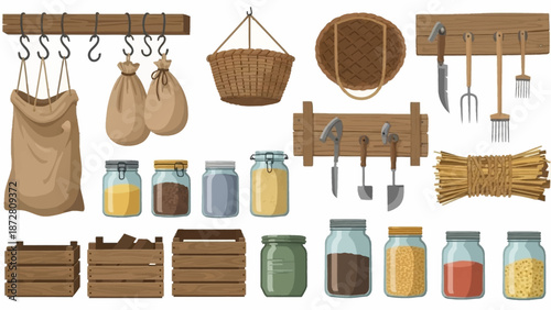 Rustic pantry storage items and containers arranged on wooden shelves and hooks.