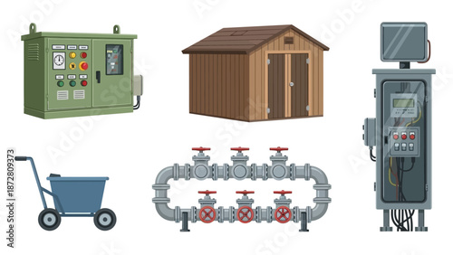 Industrial equipment and storage structures including control panels, shed, piping system and cart in a workshop setting.